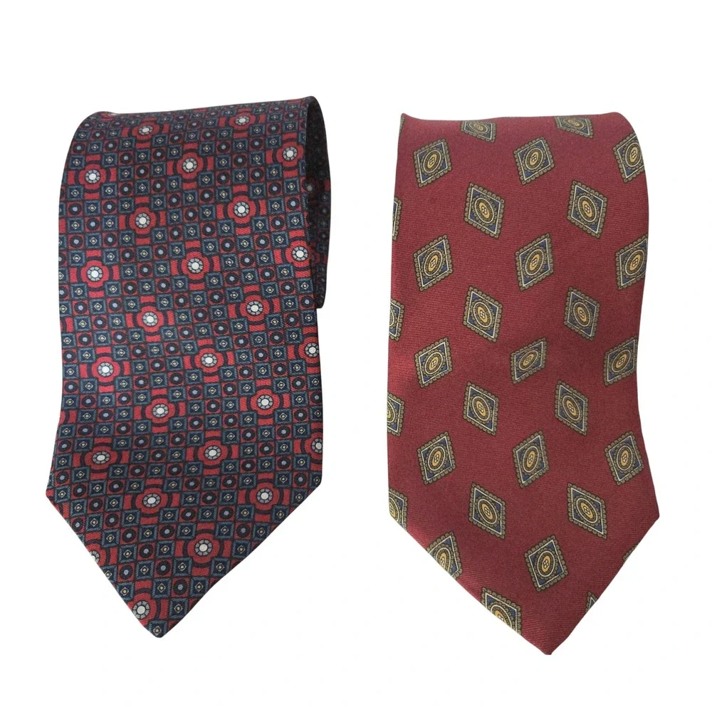 Christian Dior Monsieur Tie Lot of 2 Red Navy Silk Geometric Medallion #1176
